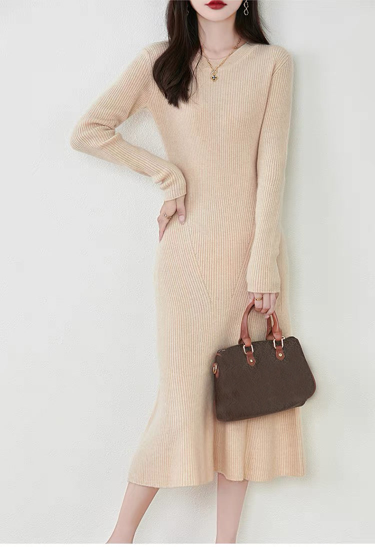 Women's Sweater Crewneck Ribbed Knit Midi Dress