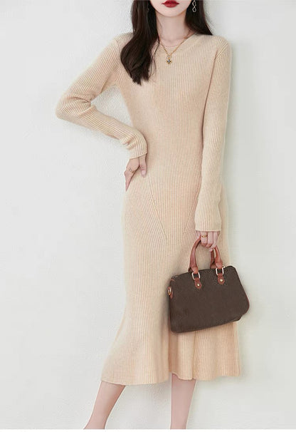 Women's Sweater Crewneck Ribbed Knit Midi Dress