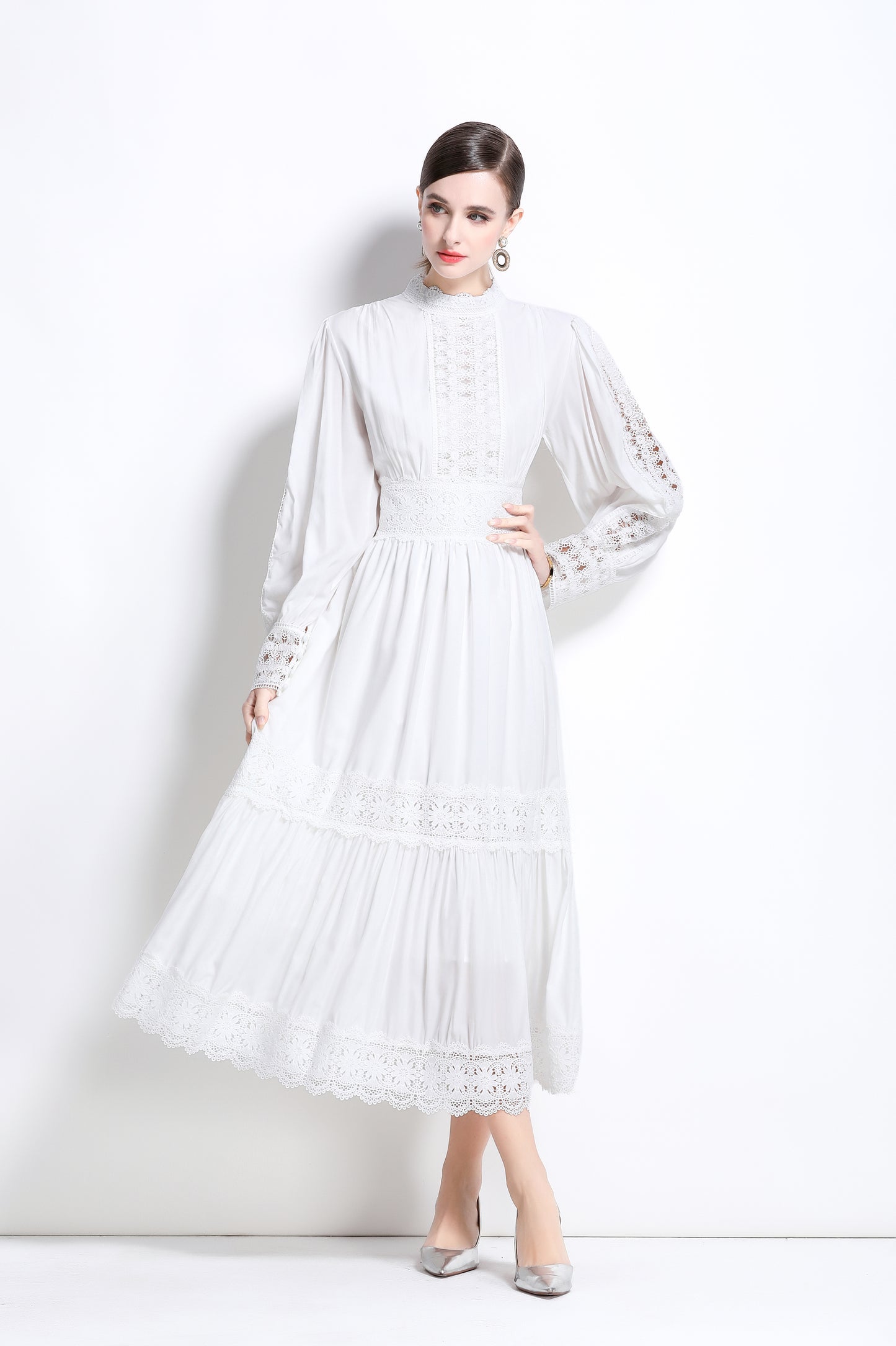 Women's Mock Neck Lantern Sleeve Lace Tiered Maxi Dress