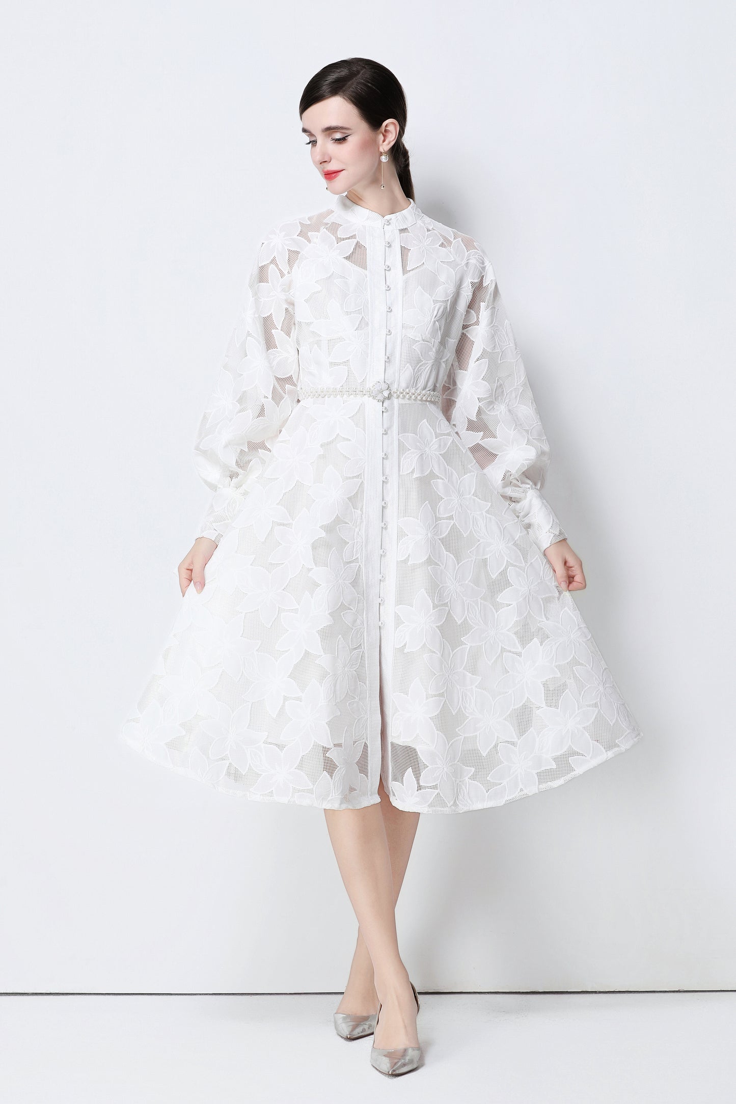 Women's Long Sleeve Eyelet Embroidery Button Midi Dress