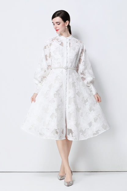 Women's Long Sleeve Eyelet Embroidery Button Midi Dress