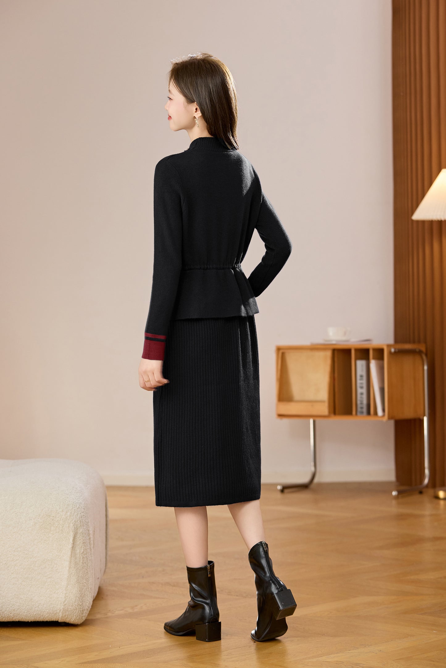 Women's Mock Neck Wool Sweater Drawstring Waist Dress