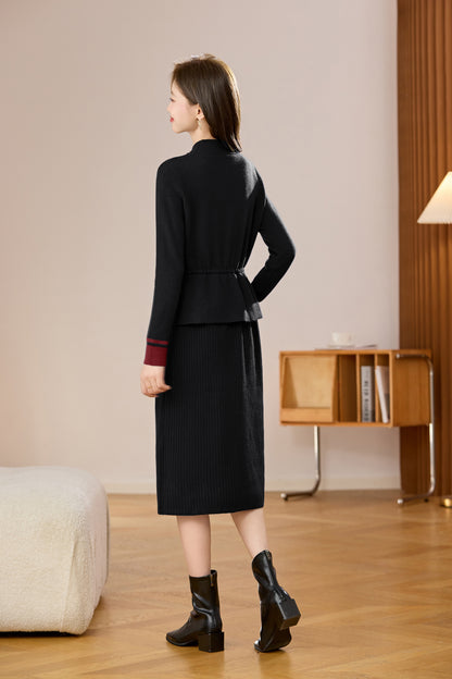 Women's Mock Neck Wool Sweater Drawstring Waist Dress