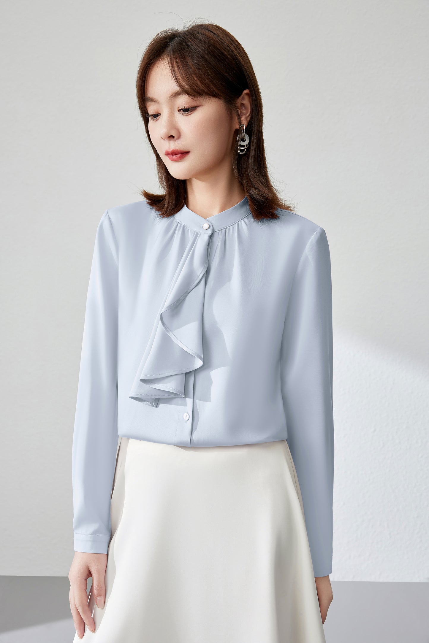 Women's Ruffle Shirt Tie Neck Long Sleeve Blouse - LAI MENG FIVE CATS