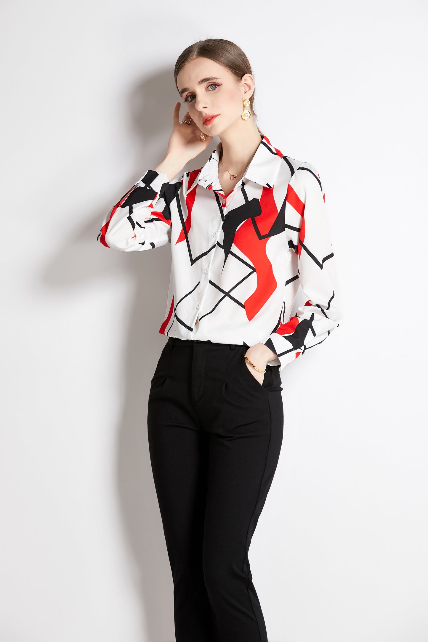 ESY-Women's Long Sleeve Lapel Collar Print Button Blouse