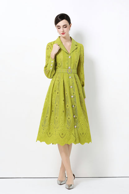 Women's Puff Sleeve Lace Hollow Out Midi Dress