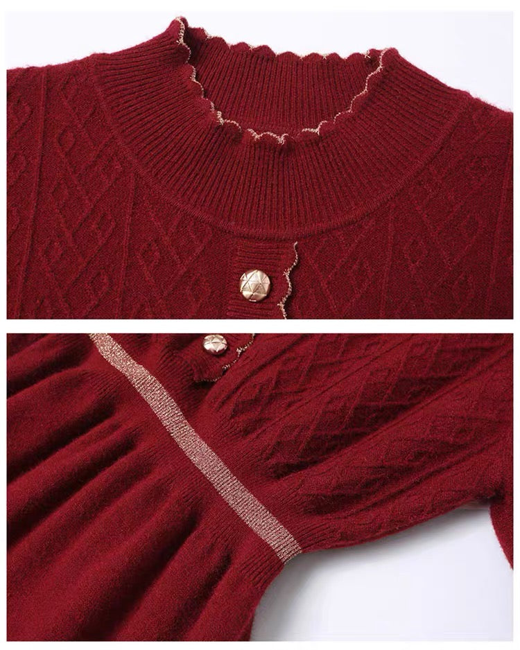 Women's Turtleneck Sweater Knit Lace Trim Midi Dress