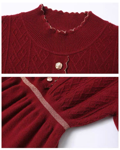 Women's Turtleneck Sweater Knit Lace Trim Midi Dress