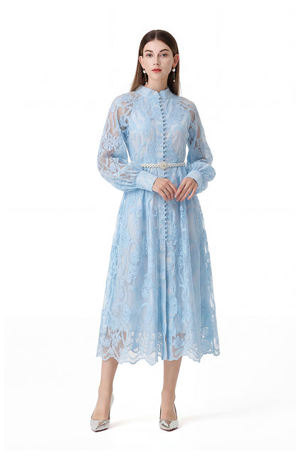 Elegant Floral Lace Maxi Dress with Pearl Belt - LAI MENG FIVE CATS