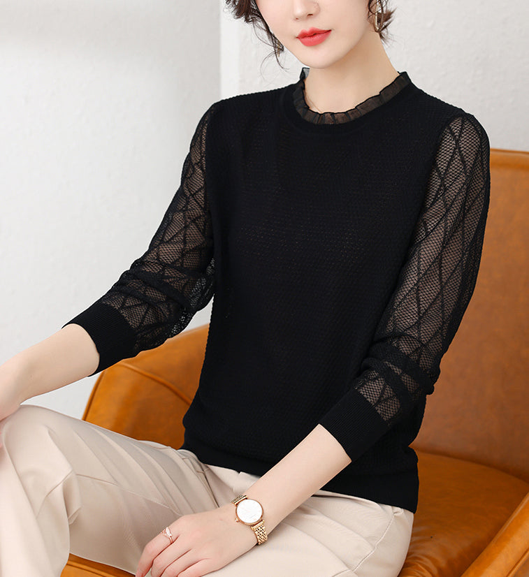 Women's Sweater Puff Sleeve Patchwork Lace Tops