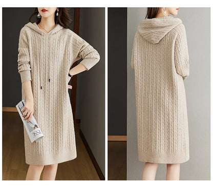 Women's Cable Knit Sweater Hoodie Midi Dress