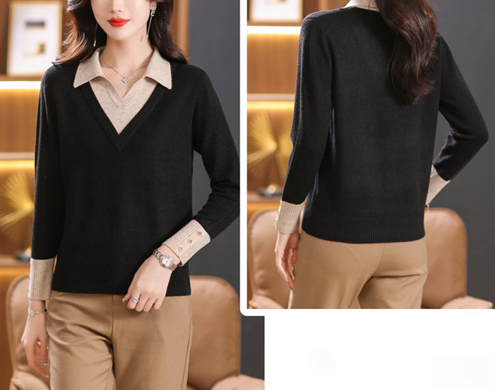 Elegant Layered Knit Sweater with Polo Collar Long Sleeve Knit Pullover - LAI MENG FIVE CATS