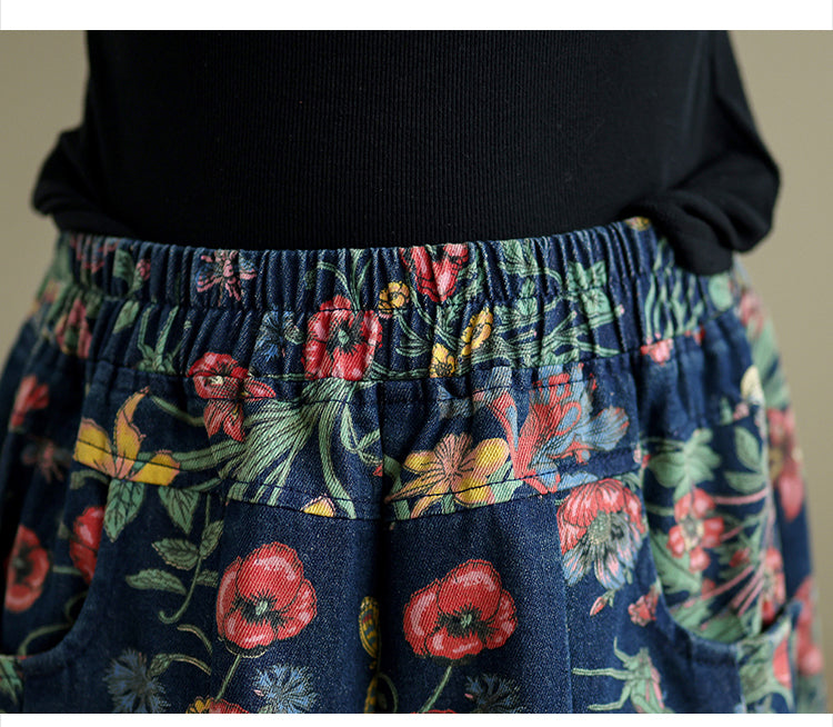 Vintage Floral Wide Leg Denim Pants Women's Boho Loose Casual Trousers