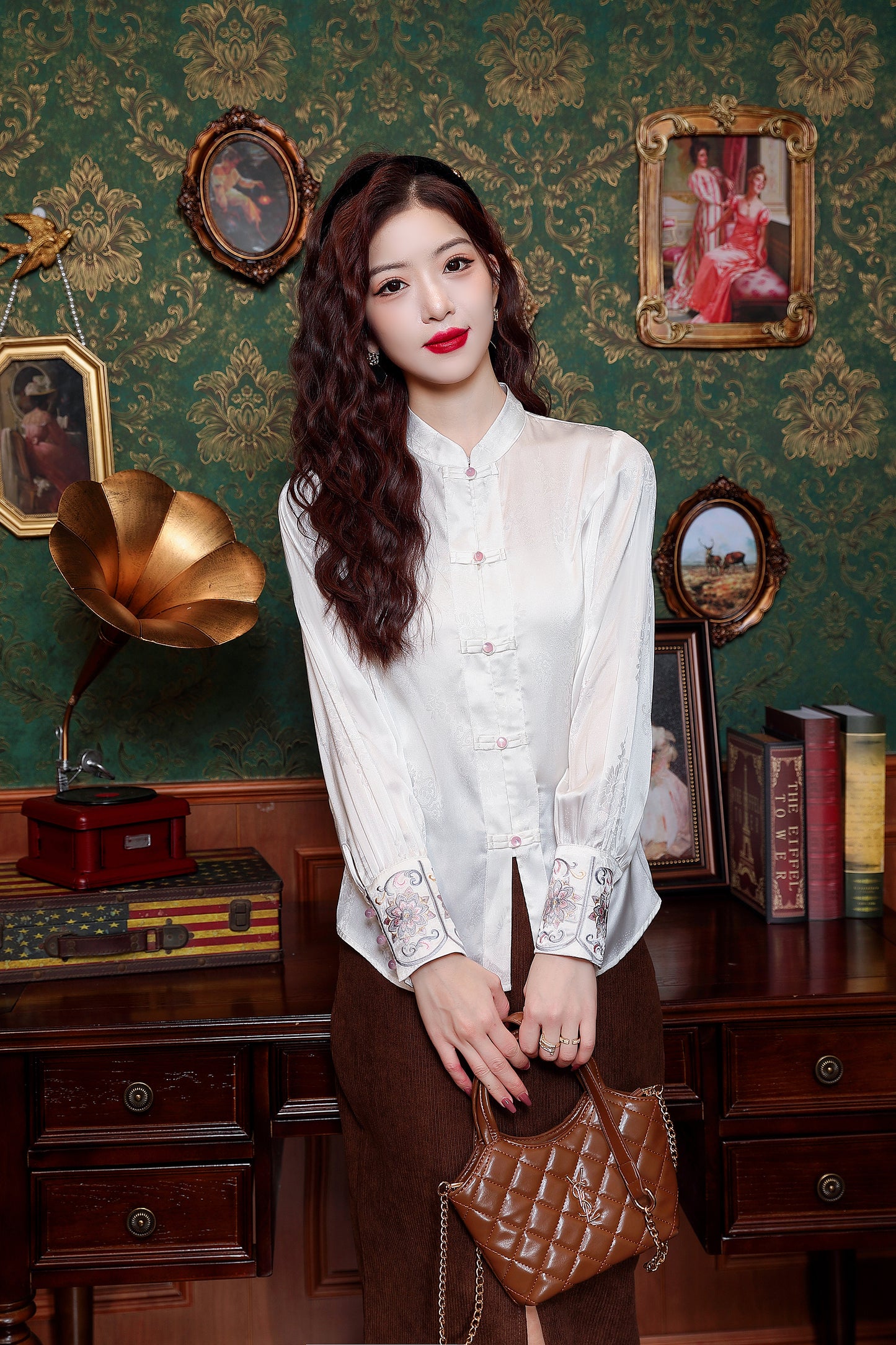 Women's Silk Satin Jacquard Long Sleeve Blouses