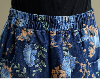 26804 Blue Floral Print Wide-Leg Jeans with Elastic Waist