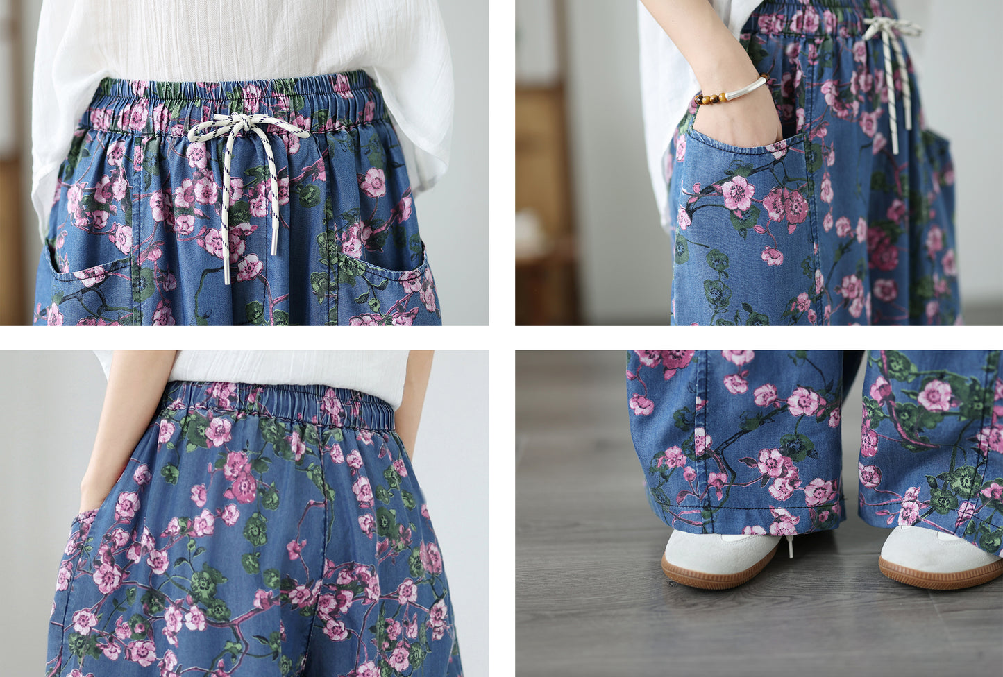 Women's Wide Leg Jeans Lightweight Wasited Elastic Print Y2K Pants - LAI MENG FIVE CATS