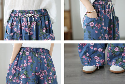 Women's Wide Leg Jeans Lightweight Wasited Elastic Print Y2K Pants - LAI MENG FIVE CATS