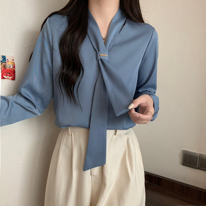 Women's Silk Satin Shirt Tie Neck Long Sleeve Blouse - LAI MENG FIVE CATS