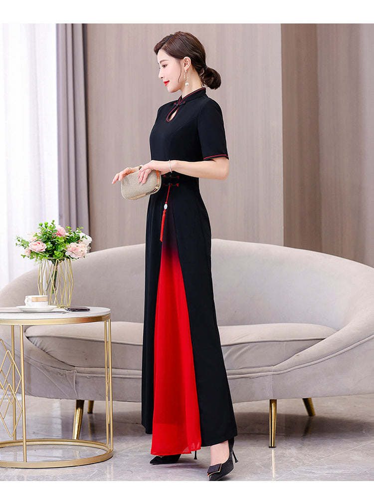 Women's Cheongsam Short Sleeve Qipao Long Dress