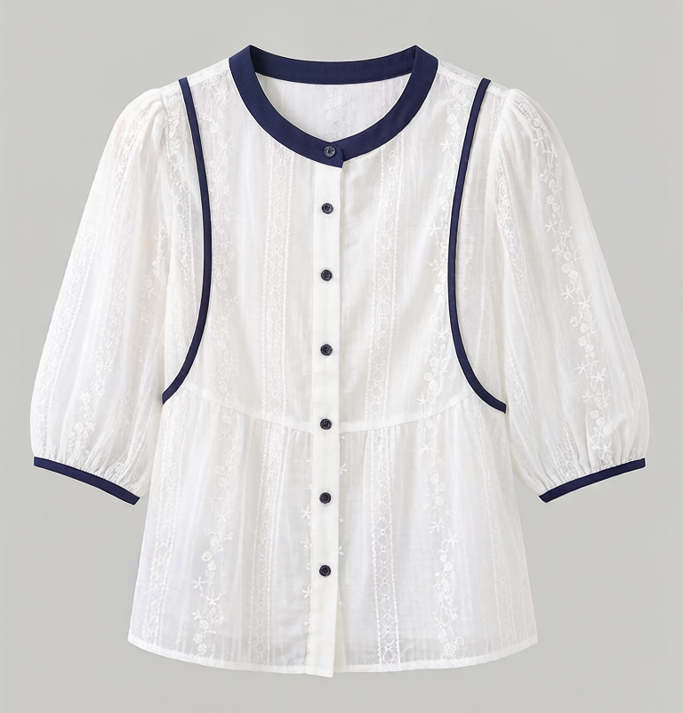 Jacquard Contrast Trim Blouse – White & Navy