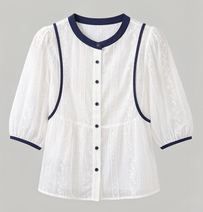 Jacquard Contrast Trim Blouse – White & Navy