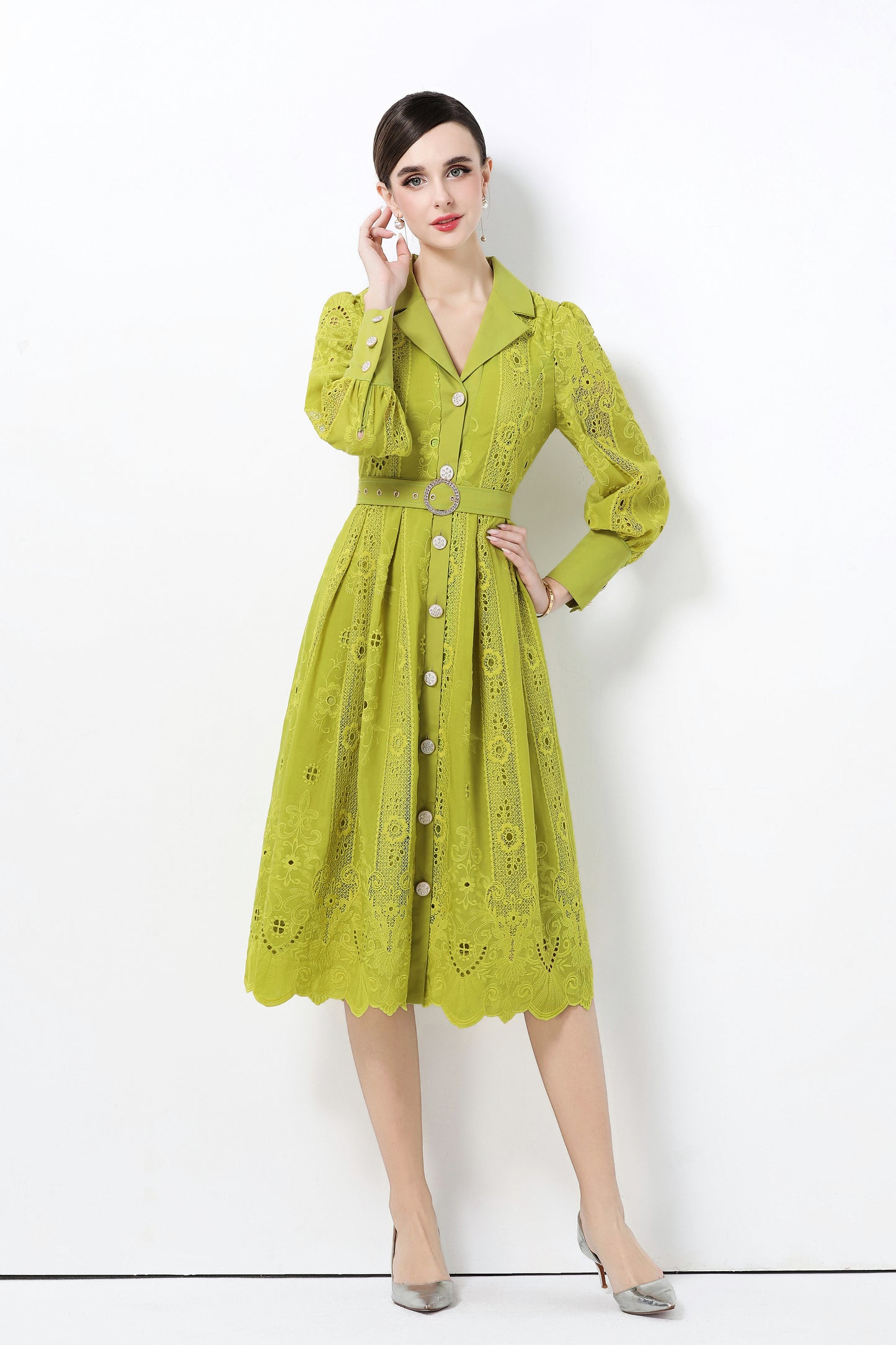 Women's Puff Sleeve Lace Hollow Out Midi Dress