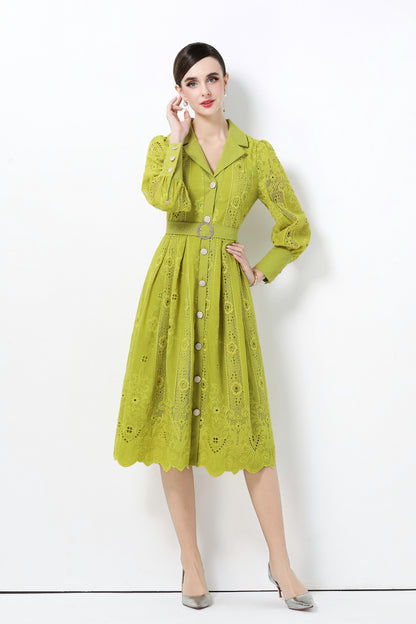 Women's Puff Sleeve Lace Hollow Out Midi Dress