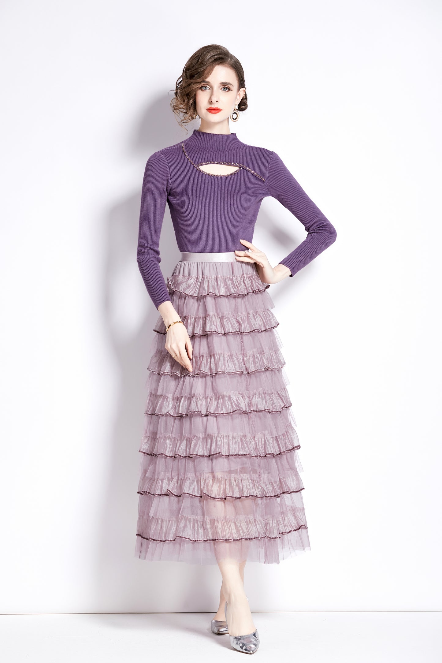 Women's 2 Piece Skirt Set Knit Top Ruffle Layered Skirt