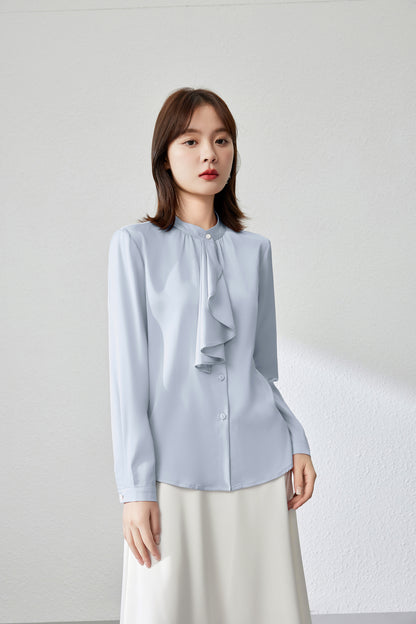 Women's Ruffle Shirt Tie Neck Long Sleeve Blouse - LAI MENG FIVE CATS