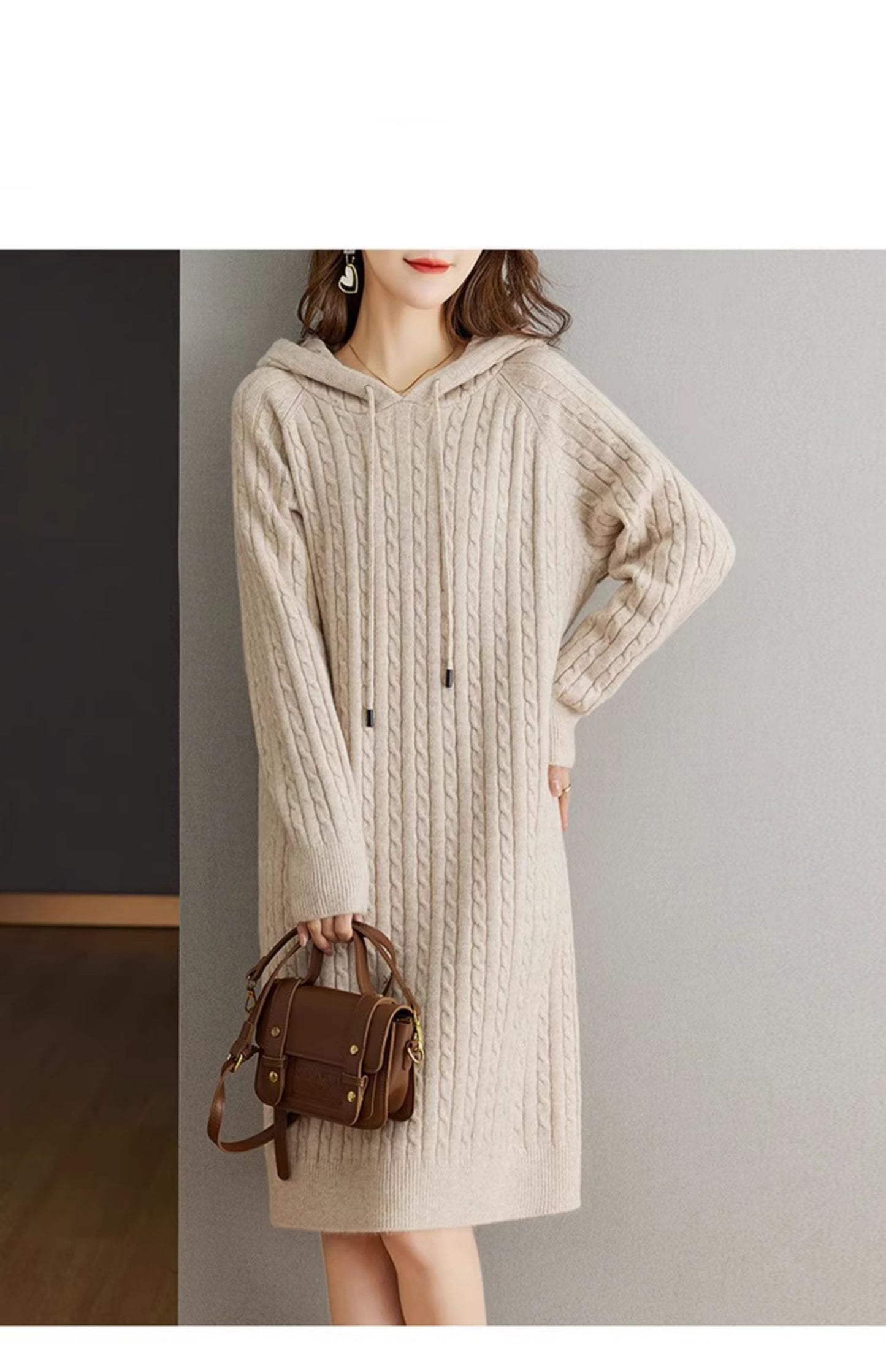 Women's Cable Knit Sweater Hoodie Midi Dress