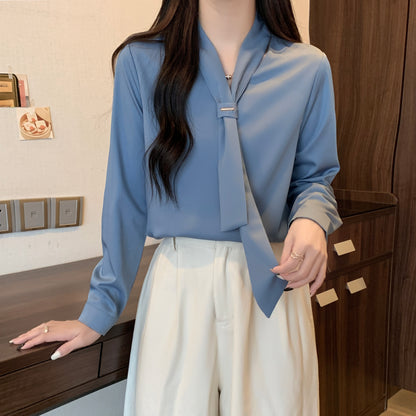 Women's Silk Satin Shirt Tie Neck Long Sleeve Blouse - LAI MENG FIVE CATS