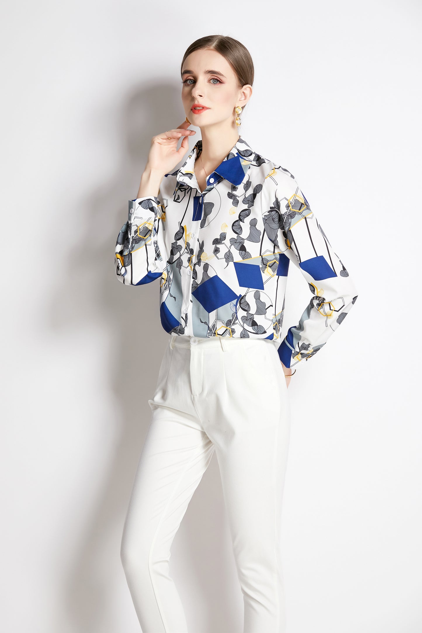 ESY-Women's Shirt Floral Print Long Sleeve Button Blouse