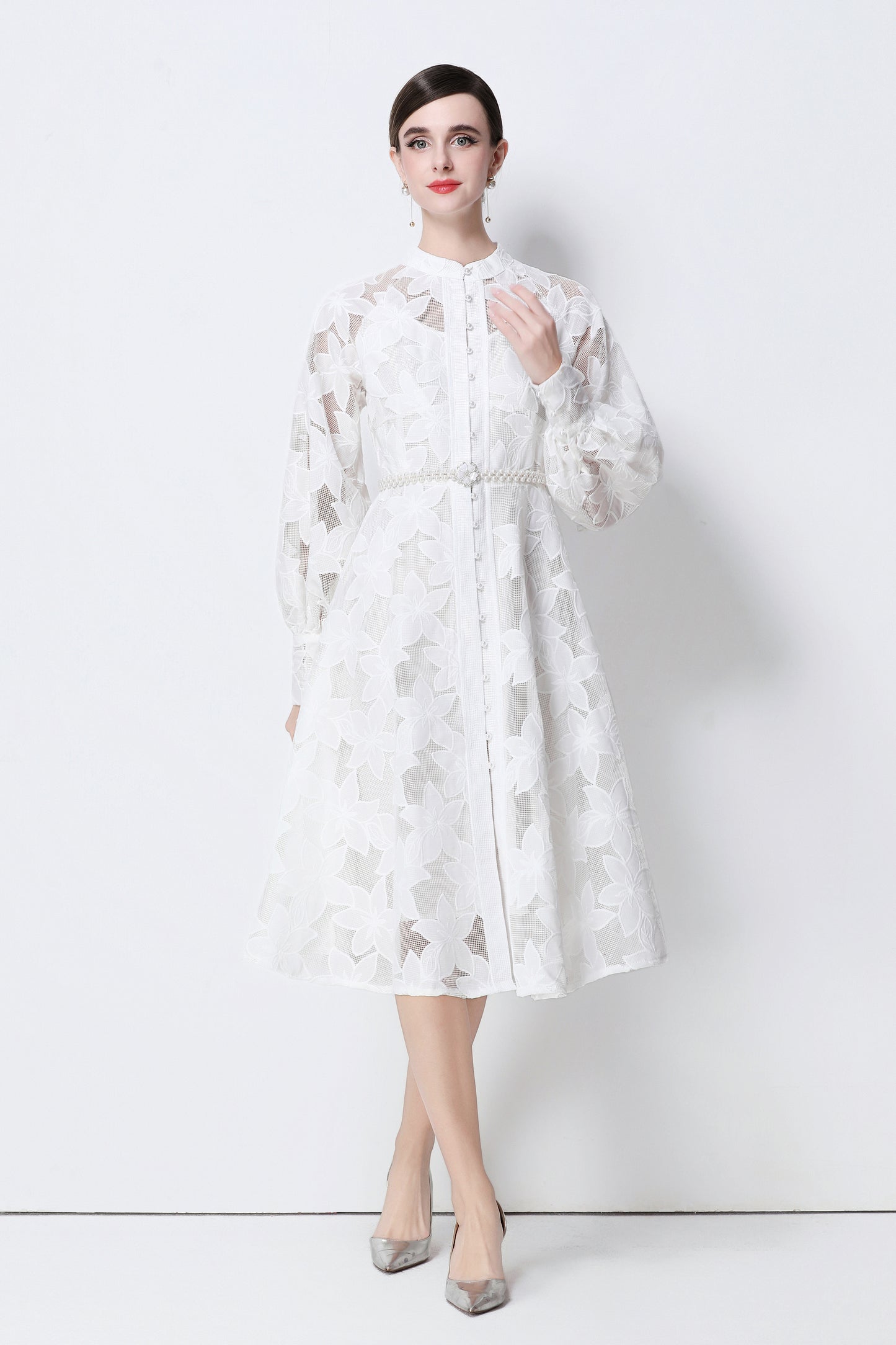 Women's Long Sleeve Eyelet Embroidery Button Midi Dress