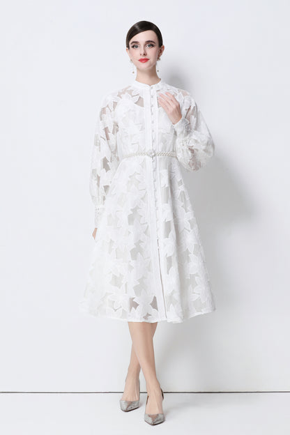 Women's Long Sleeve Eyelet Embroidery Button Midi Dress