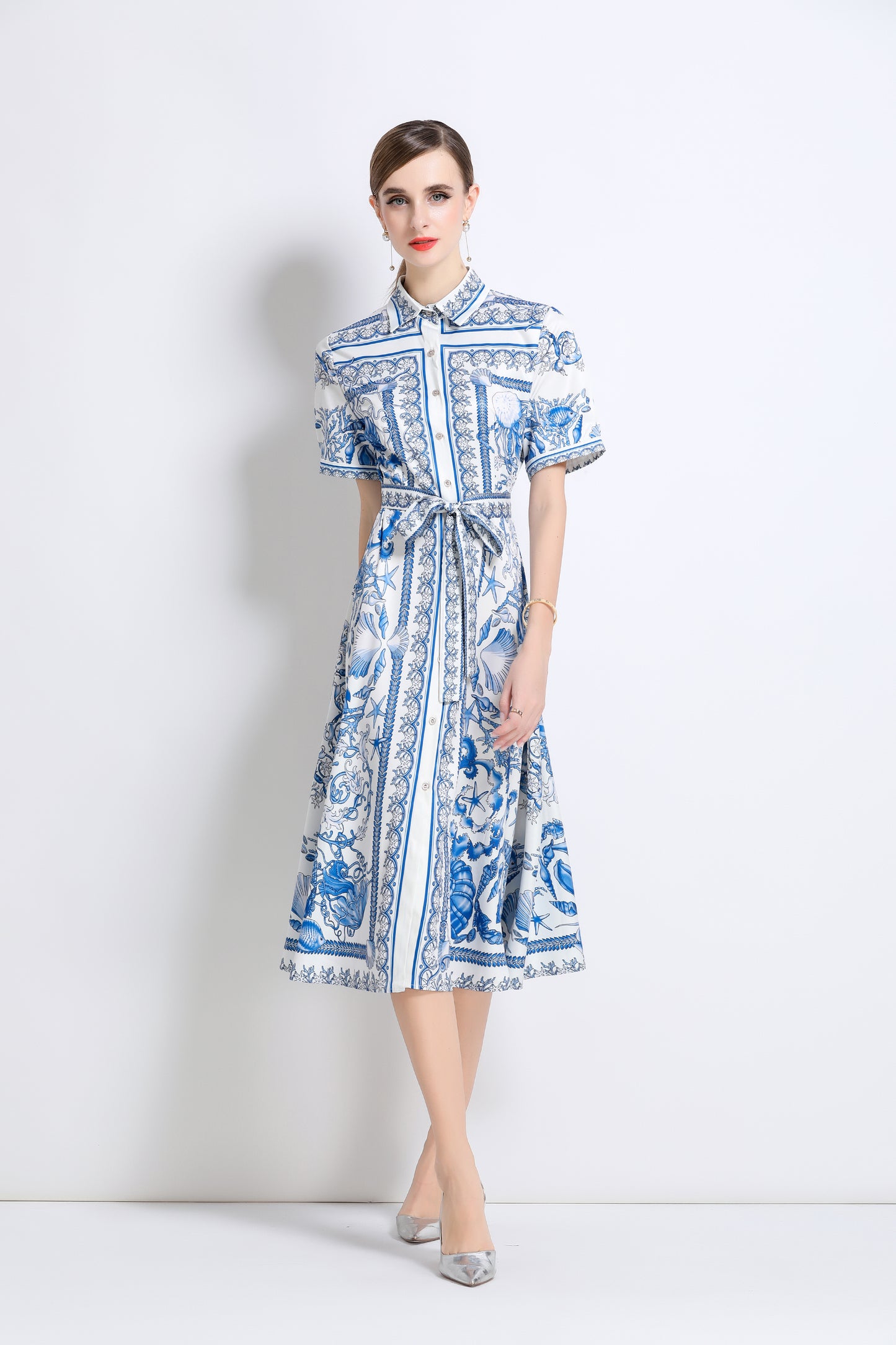 Women's Short Sleeve Button Floral Print  Midi Dress