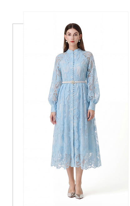Elegant Floral Lace Maxi Dress with Pearl Belt - LAI MENG FIVE CATS