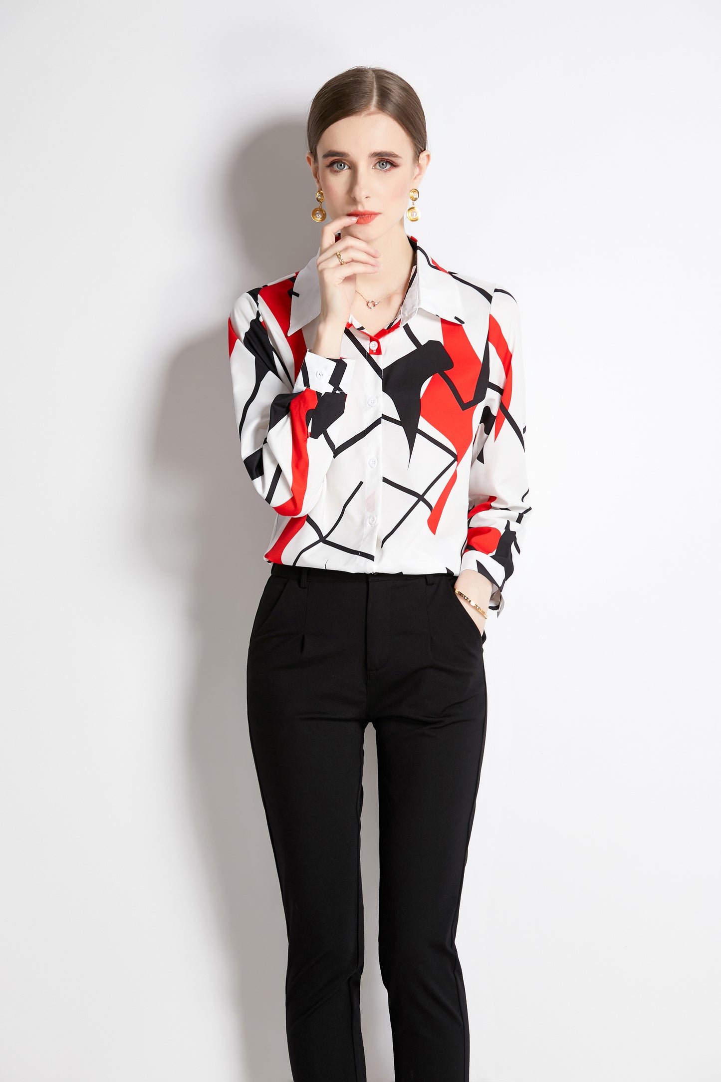ESY-Women's Long Sleeve Lapel Collar Print Button Blouse