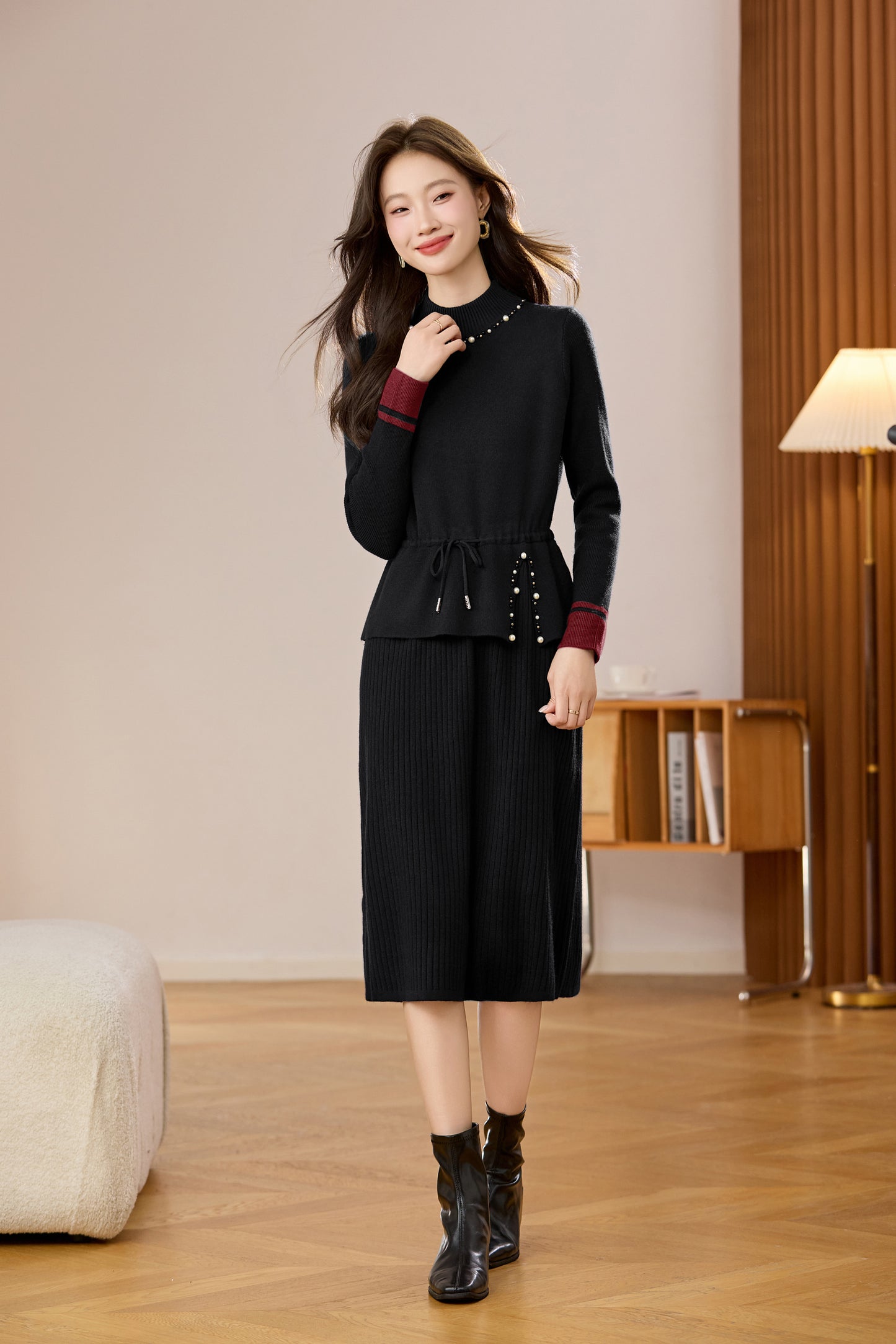 Women's Mock Neck Wool Sweater Drawstring Waist Dress