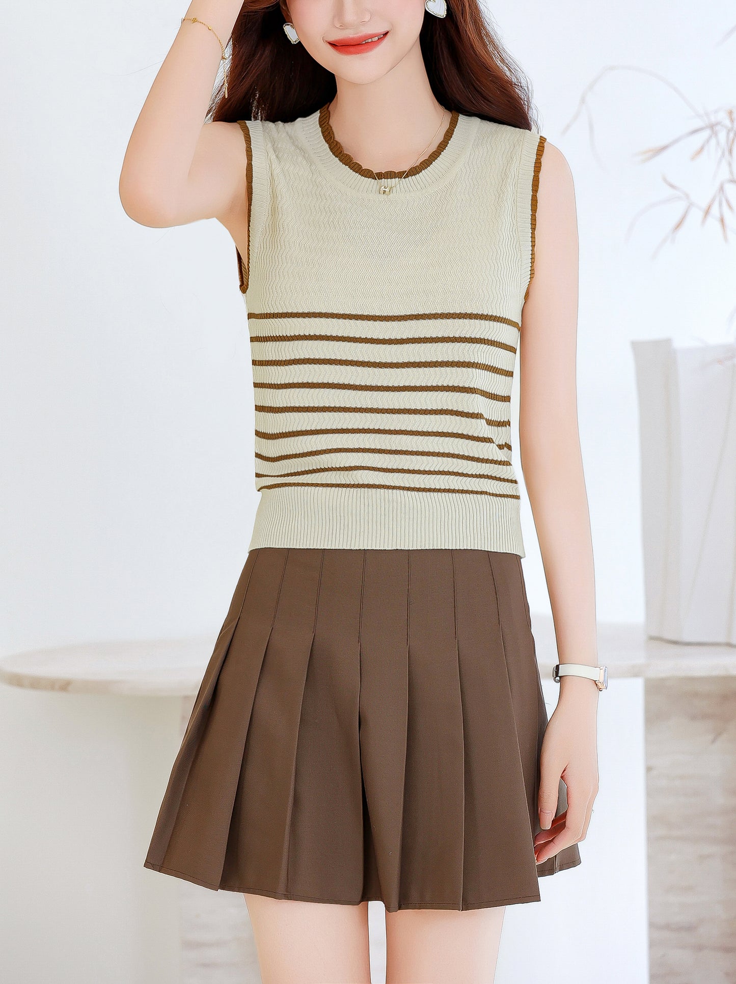 Women's Striped Sleeveless Shirt Ribbed Knit Tops