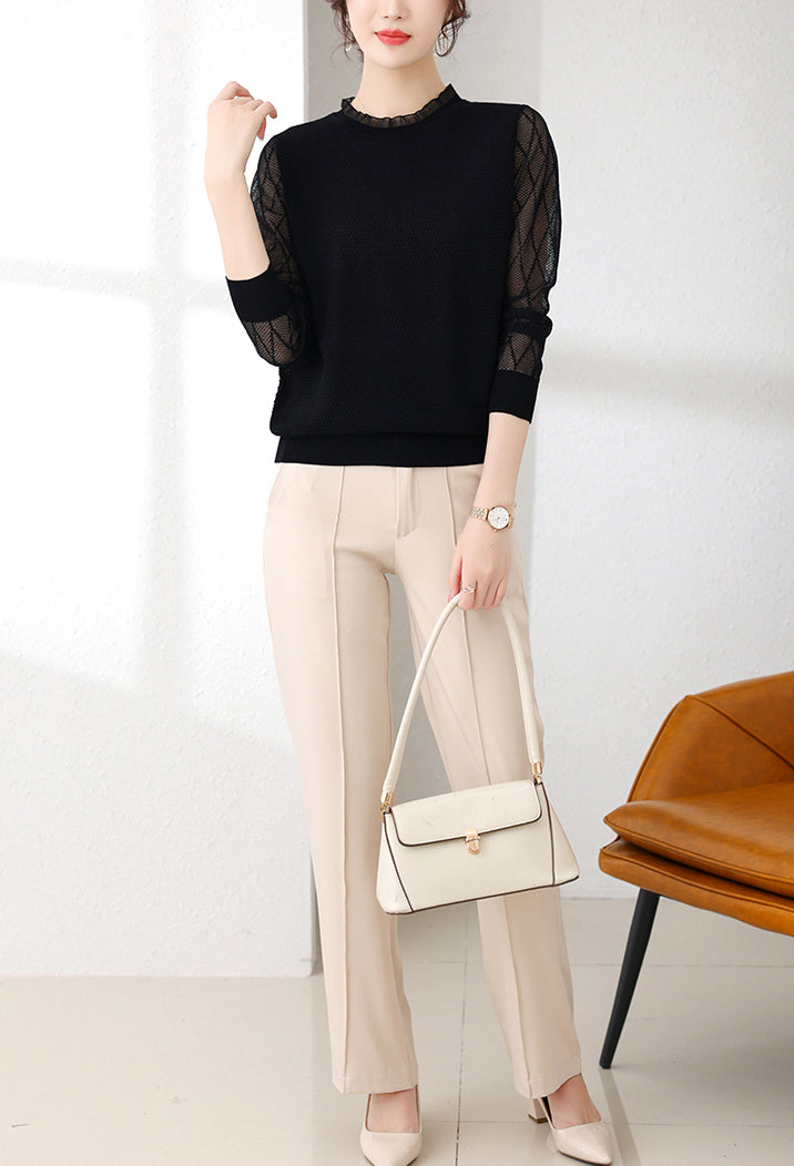 Women's Sweater Puff Sleeve Patchwork Lace Tops