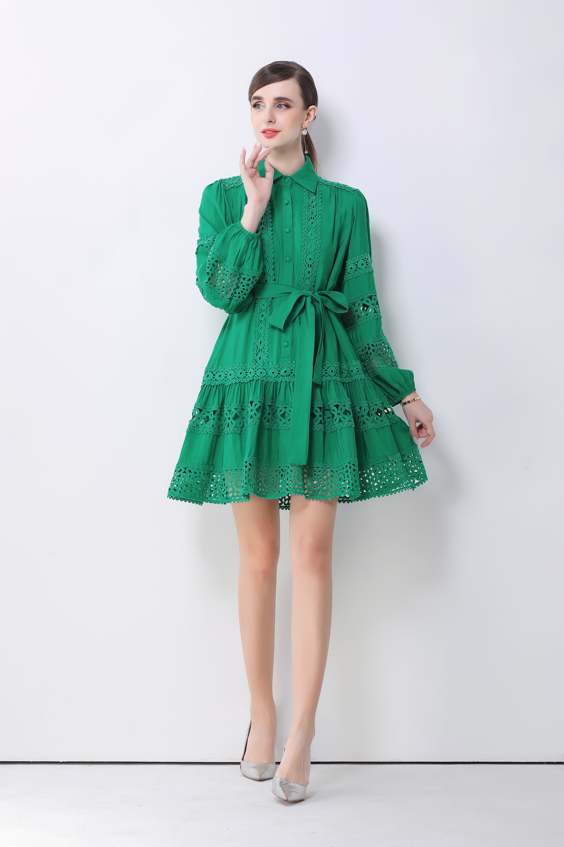 Women's Hollow Out Lace Puff Sleeve Button Mini Dress - LAI MENG FIVE CATS