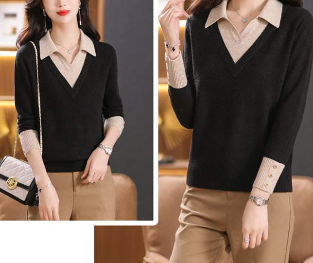 Women's Polo Contrast Collar Sweater Pullover Top