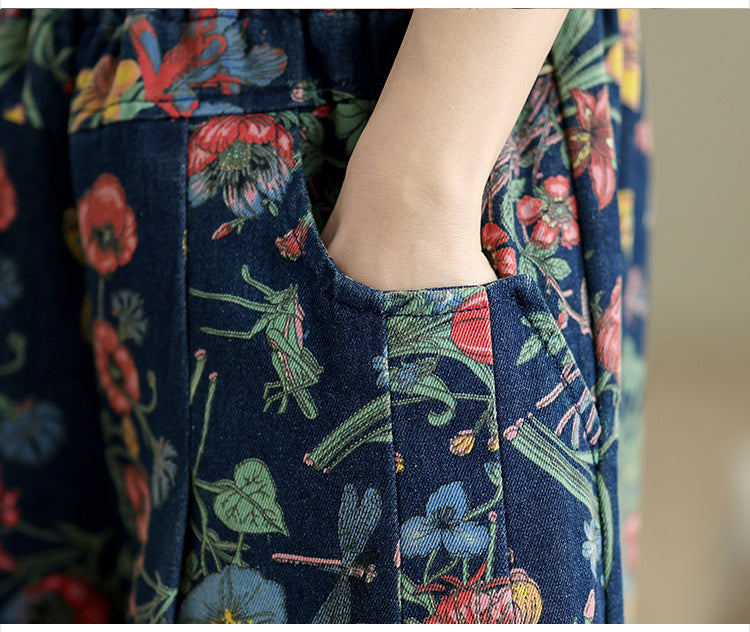 Vintage Floral Wide Leg Denim Pants Women's Boho Loose Casual Trousers