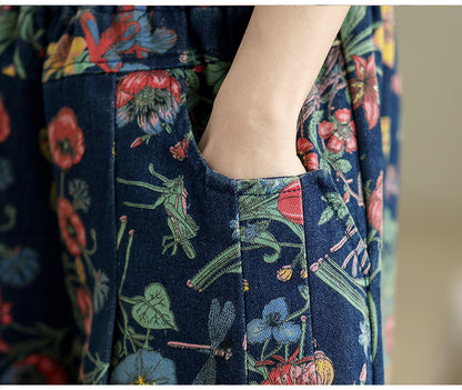 Vintage Floral Wide Leg Denim Pants Women's Boho Loose Casual Trousers