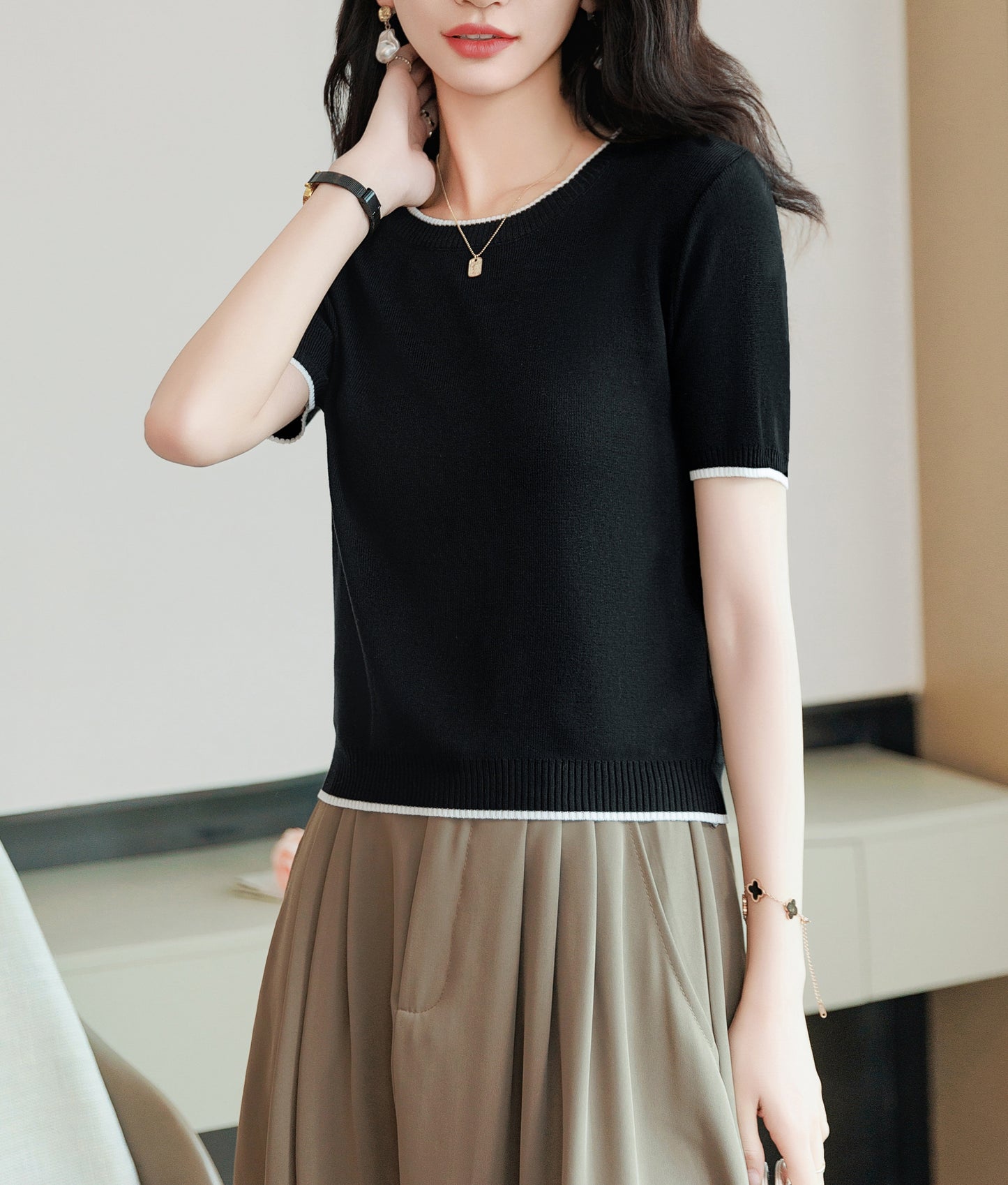 Women's Short Sleeve Ribbed Knit Tops
