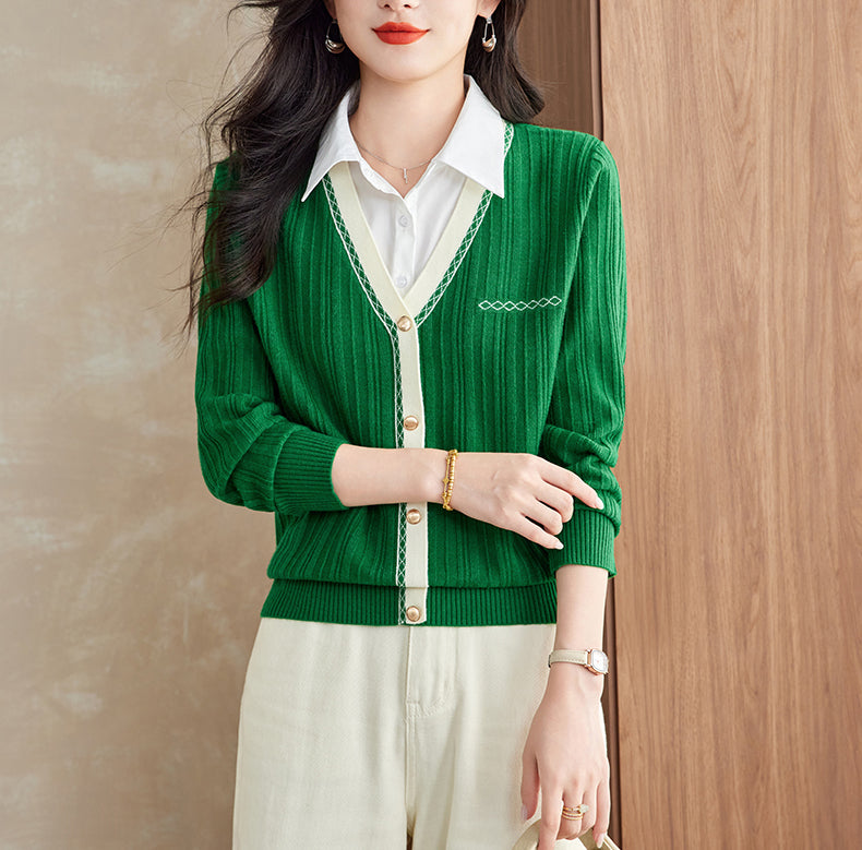 Women's Sweater 2 in 1 Lapel Ribbed Knit Pullover Top