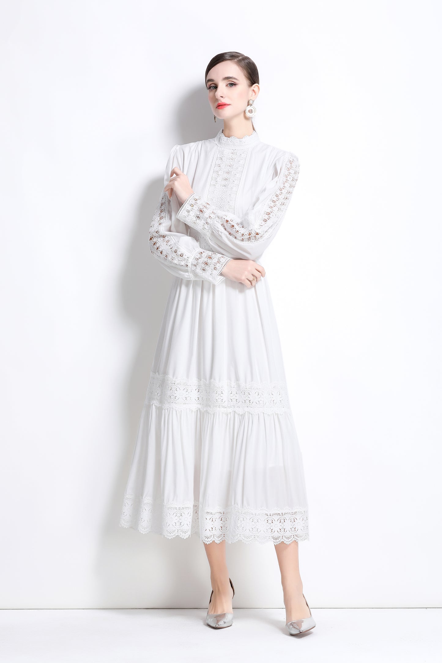 Women's Mock Neck Lantern Sleeve Lace Tiered Maxi Dress