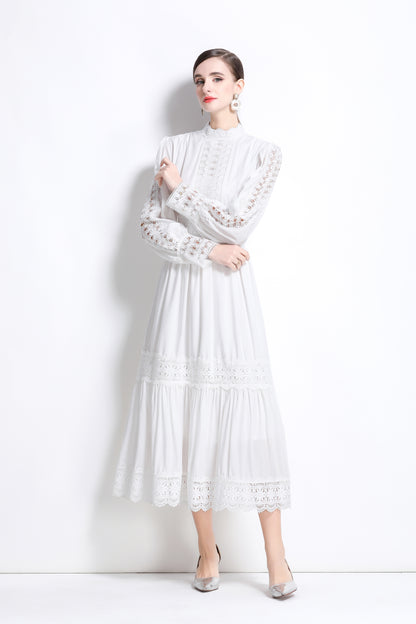 Women's Mock Neck Lantern Sleeve Lace Tiered Maxi Dress
