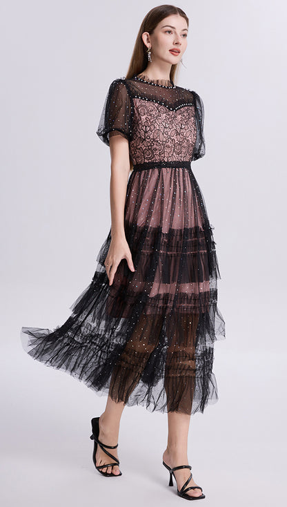 Black Sheer Sleeves Lace Glitter Tulle Dress