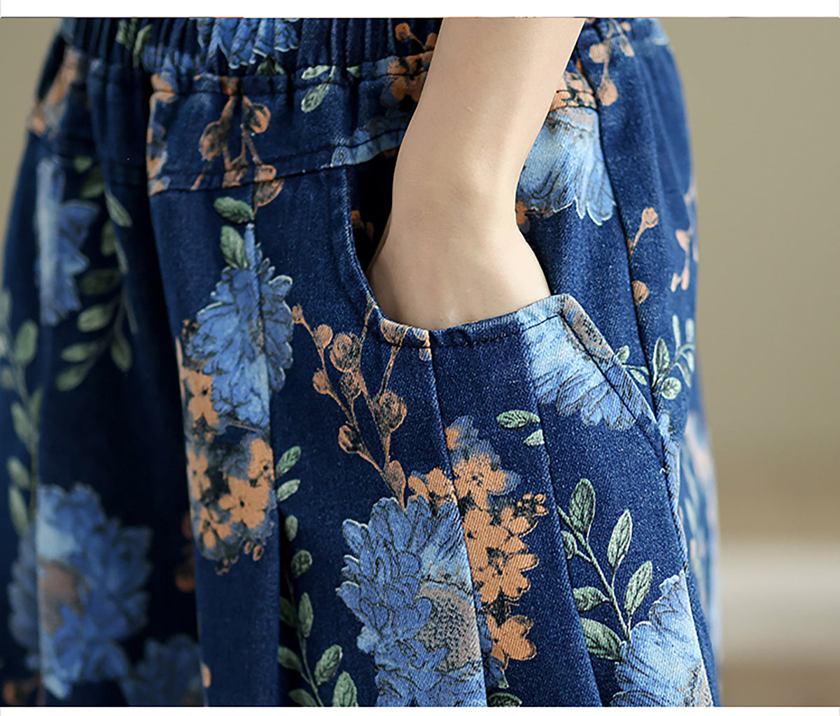 26804 Blue Floral Print Wide-Leg Jeans with Elastic Waist